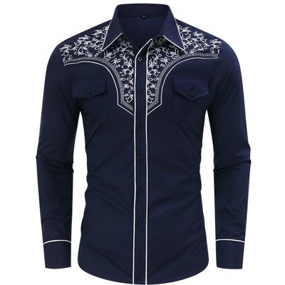 Men's Western Cowboy Shirt Long Sleeve Embroidered Casual Button Down Shirt with Pockets