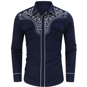 Men's Western Cowboy Shirt Long Sleeve Embroidered Casual Button Down Shirt with Pockets - 1 of 4
