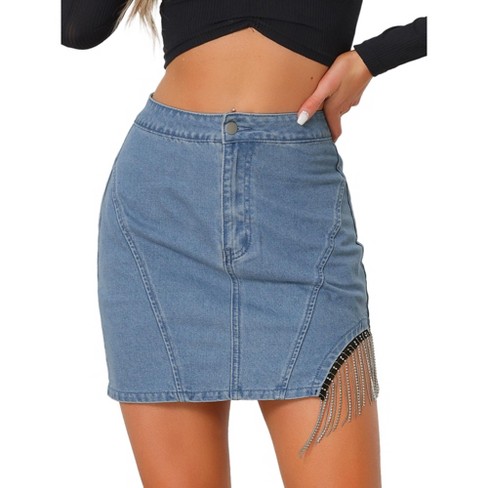 Allegra K Women s High Waisted Rhinestone Fringe Trim Mini Denim Skirt Target