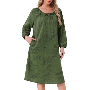 INSPIRE CHIC Womens One-piece Pajamas Shirt Floral Printed Long Sleeve Round Neck Tie Front Nightgown with Pocket - 1 of 4