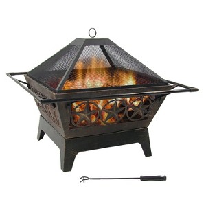 Sunnydaze Outdoor Camping or Backyard Steel Northern Galaxy Fire Pit with Cooking Grill Grate, Spark Screen, and Log Poker - 32" - 1 of 4