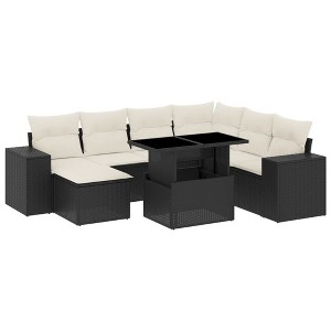 vidaXL 8 Piece Patio Sofa Set with Cushions Black Poly Rattan - Black and Cream - 1 of 4