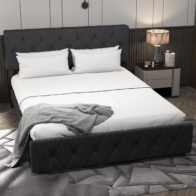 Bed Frame, Upholstered Platform with Adjustable , Upholstered Bed Frame with Linen Fabric Wrap, Platform Bed with USB Ports,Gray Queen Size