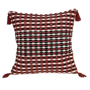HomeRoots 20" Red and Black Cotton Throw Pillow with Tassels - 1 of 4