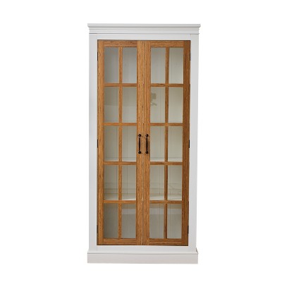 Vynxaria Decorative Storage Drawers: Rustic Display Cabinet with Glass Doors - White & Brown