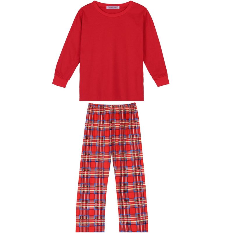 cheibear Christmas Long Sleeve Solid Tops Tee with Plaid Pants Family Pajama Sets Red, 2 of 5
