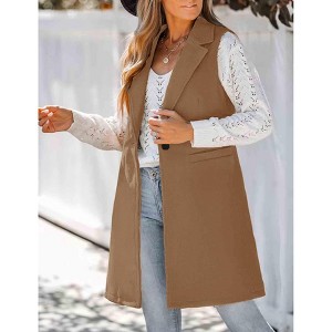 Women's Lapel Wool Long Vest Long Sleeveless Coat Jacket - 1 of 3