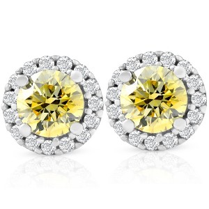 Pompeii3 1/2 Ct Halo Fancy Canary Yellow Lab Created Diamond Studs 10k White Gold Earrings - 1 of 3
