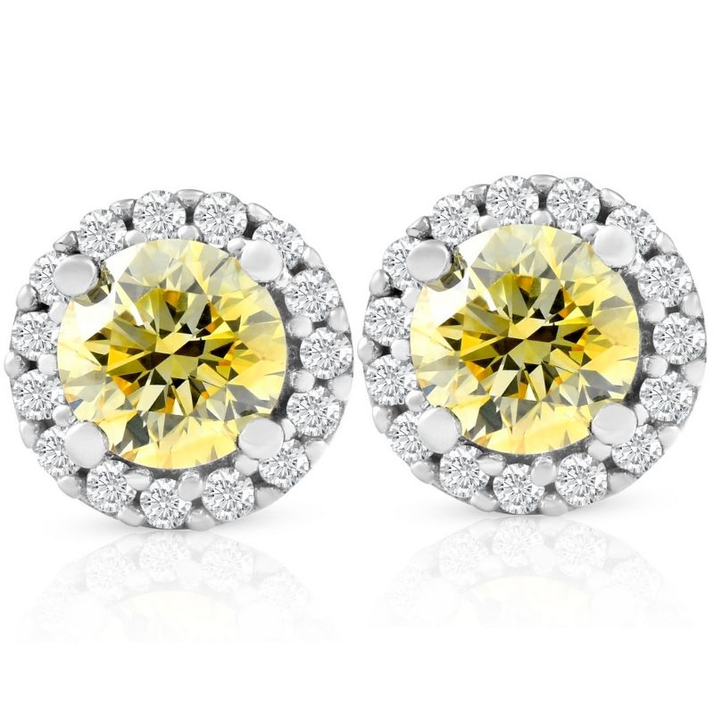 Pompeii3 1/2 Ct Halo Fancy Canary Yellow Lab Created Diamond Studs 10k White Gold Earrings, 1 of 4