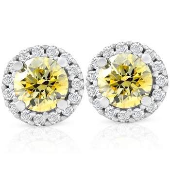 Pompeii3 1/2 Ct Halo Fancy Canary Yellow Lab Created Diamond Studs 10k White Gold Earrings