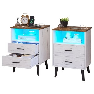 Fredees LED Nightstand with Charging Station, 3-Color Dimmable Lights, Modern Bedroom Bedside Table with Drawers, Open Shelf, Metal Legs - 1 of 4