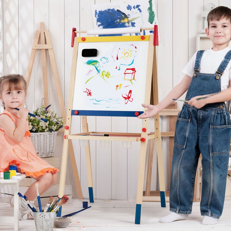 Costway All-in-One Wooden Kid's Art Easel Height Adjustable Paper Roll, 2 of 11