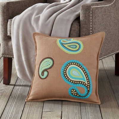 20" Square Burlap Paisley Applique Throw Pillow