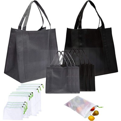 Okuna Outpost Set of 15 Medium Non Woven Shopping Tote Bags, Reusable Mesh Drawstring Produce Grocery Bags, 5 Sizes
