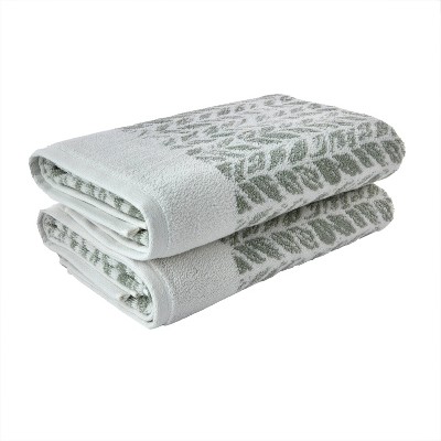 Sage Green Turkish Cotton Bath Towel with Leaf Pattern