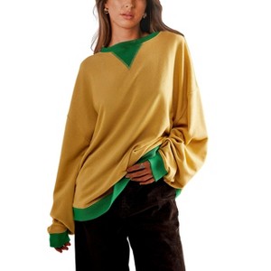 Women's Color Block Sweatshirt Oversized Drop Shoulder Crew Neck Summer Top - 1 of 4