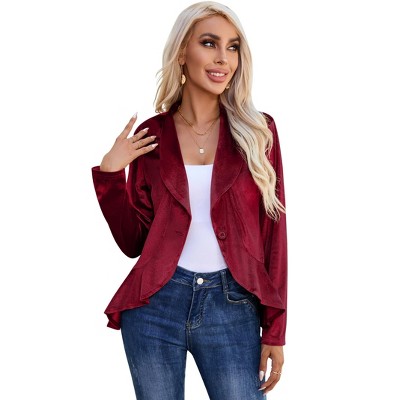Clearlove Women's Long Sleeve Velvet Blazer with Cascading Ruffle Detail Single Button Closure
