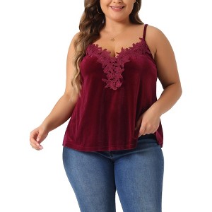 Agnes Orinda Women's Plus Size Velvet V Neck Spaghetti Strap Lace Floral Panel Camisoles - 1 of 4