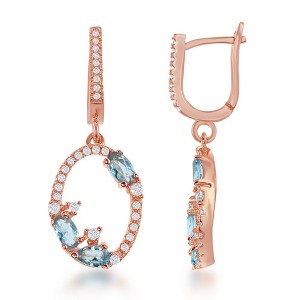 Bella Silver Sterling Silver Open Oval with CZ Border with Blue CZs Earrings - Rose Gold Plared - Blue - 1 of 2