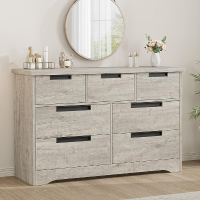 Yellow 7 Drawer Dresser in Natural Oak Modern Wooden Storage Cabinet with Embedded Handles for Bedroom Living Room Nursery and Entryway