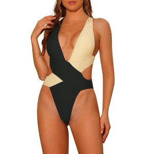 Elerevyo Women's Contrast Color Deep V Neck Criss Cross Back Swimwear Bathing Suit Monokini One Piece - 1 of 4