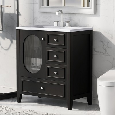 30"W Bathroom Vanity with Sink, Bathroom Cabinet with 3 Drawers and Moru Glass Door 4S - ModernLuxe
