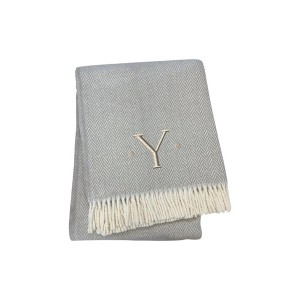 HomeRoots 55" X 70" Gray And White Herringbone Cotton Blend Y Initial Throw Blanket with Tassels And Embroidery - 1 of 4