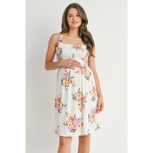 Hello Miz Women's Floral Smocked Empire Waist Sleeveless Maternity Dress -  Ivory - Medium