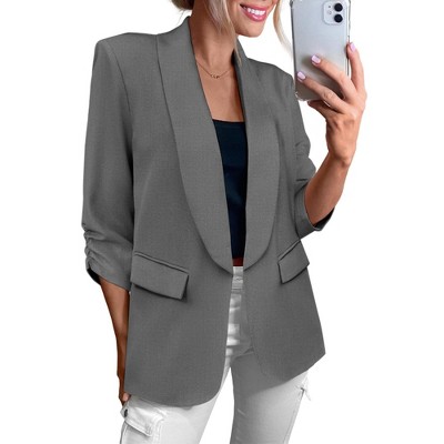 INSPIRE CHIC Women's Work Shawl Collar Ruched 3/4 Sleeves Open Front with Pockets Blazer