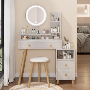WhizMax Round Mirror Bedside Cabinet Vanity Table + Cushioned Stool, 17" diameter LED Mirror, Touch Control, 3-color, Brightness adjustable - 1 of 4
