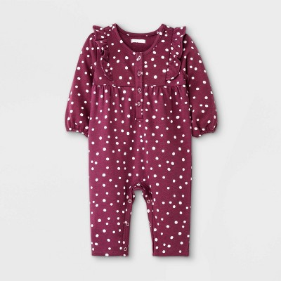 Image of Grayson Mini Baby Girls' Plum Dot Ruffle Long Sleeve Romper - Purple Newborn
