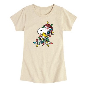 Girls' - Peanuts - Snoopy Woodstock Christmas Lights Short Sleeve Graphic T-Shirt - 1 of 3