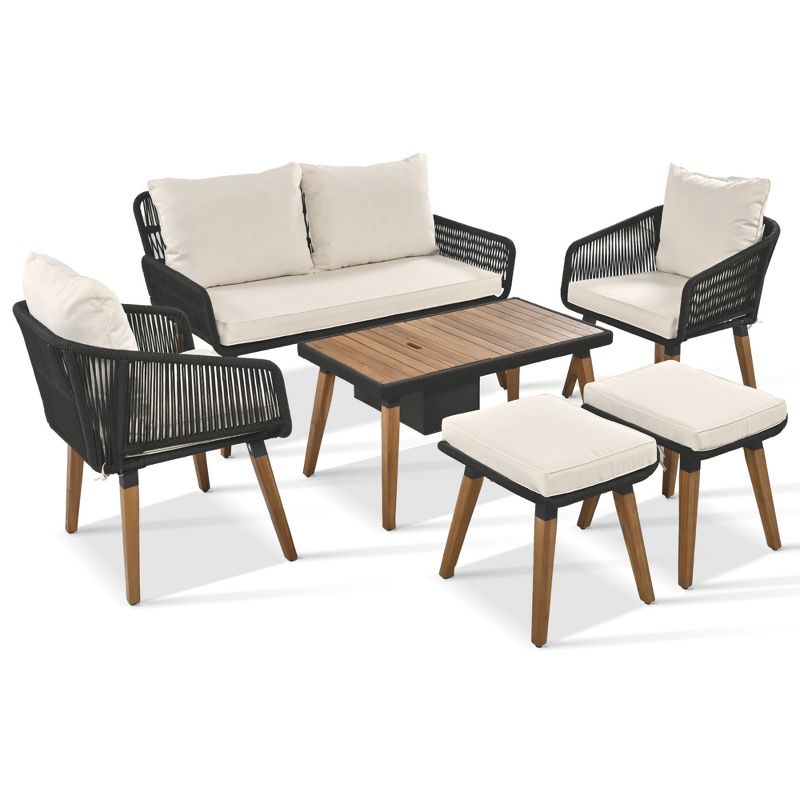 6-Piece Rope Patio Conversation Set with 2 Stools, Outdoor Furniture with Acacia Wood Bar Table with Ice Bucket 4A - ModernLuxe, 4 of 15
