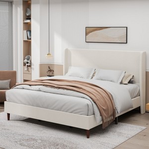 KTMBDW Queen/King Size Upholstered Platform Bed Frame, High Headboard Wingback Bed, Fully Upholstered Mattress Foundation, No Box Spring Needed, Beige - 1 of 4