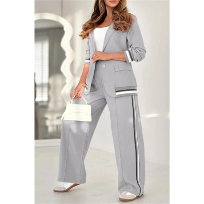 Clotth Women's Solid Color Ribbed Set - Lapel Tops And High Rise Straight Leg Pants, 2 Piece Set, Top set with Pockets