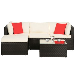 FDW 5-Piece Rattan Patio Furniture Set Modern Outdoor Sectional Sofa Conversation Sofa Set  with Corner Chairs Pillow and Glass-Top Table, Khaki - 1 of 4