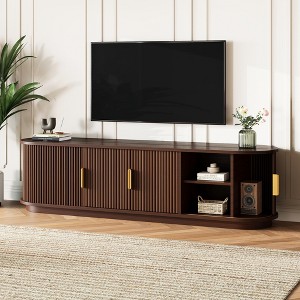 LOVSON Rustic-style wooden TV cabinet with sliding louvered doors and storage compartments, accommodates TVs up to 75 inches, walnut - 1 of 4