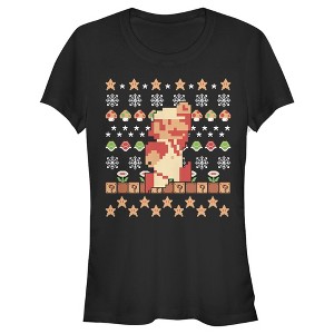 Juniors Womens Nintendo Ugly Christmas Super Mario Pixel T-Shirt - 1 of 3