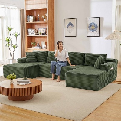 Aukfa 133" U-Shaped Oversized Sectional Sofa,Corduroy Cloud Couchs Comfy Cloud Couch Flexible Modular Sectional Sofa