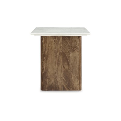 Light Brown and White Mango Wood End Table with Marble Top