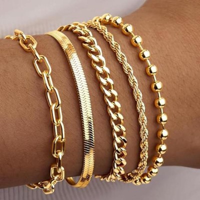 BRINJOY 14K Gold Plated Stackable Bracelet Set - 5 Piece Adjustable Beaded Cuban Paperclip Heart Snake Chain for Women (7+2 inch)