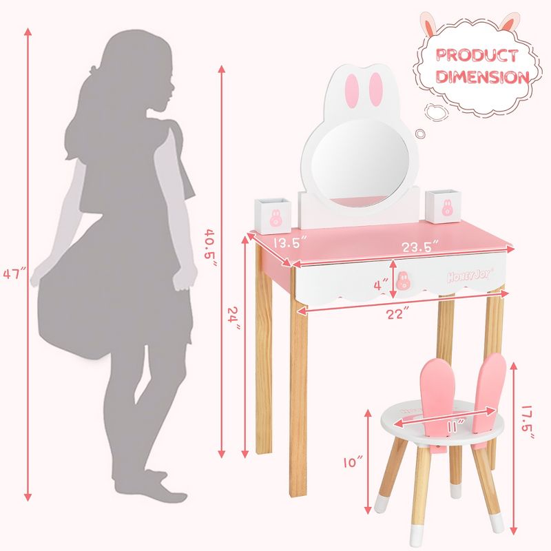 Costway Kids Vanity Set Rabbit Makeup Dressing Table Chair Set W/ Mirror Drawer White\Pink, 4 of 13