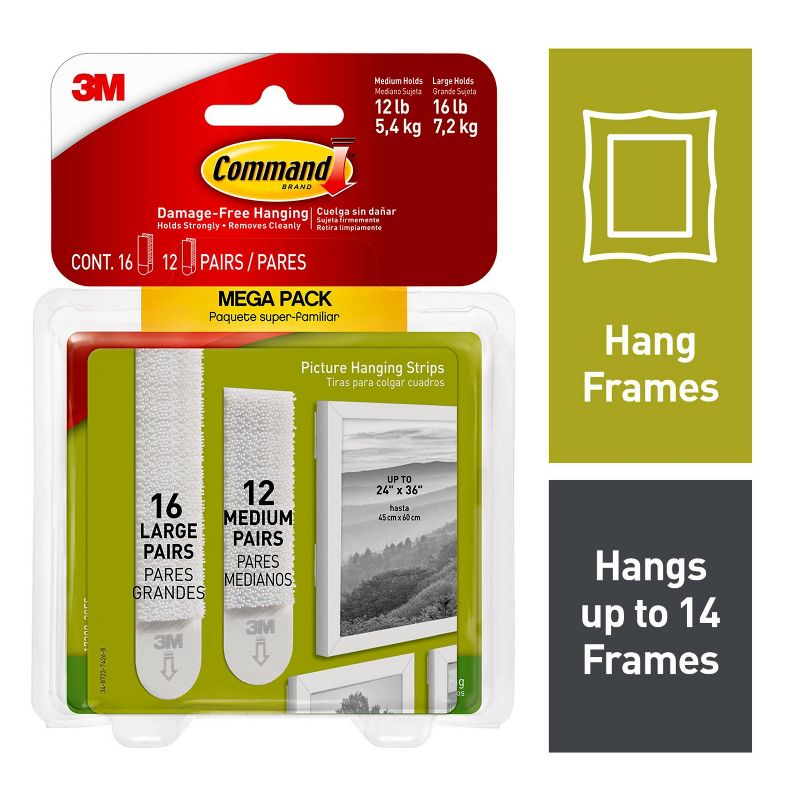 Command 12 Sets of Medium/16 Sets of Large Sized Picture Hanging Strips Mega White, 3 of 38