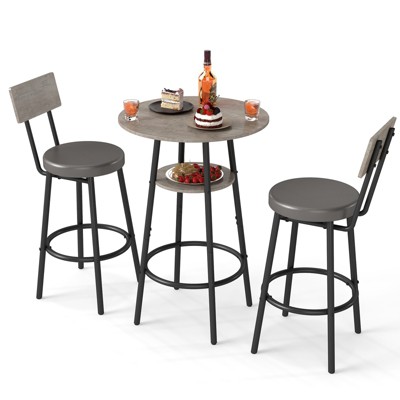 Zevemomo 3 Pieces Round Bar Table Set,Small Dining Table for 2, with Storage,Upholstered Stools with Backrest for Kitchen,Dining Room & Bistro-Grey