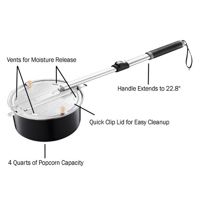 Black Metal Campfire Popcorn Popper with Telescoping Handle