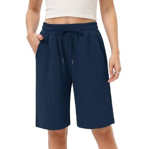 Women's Bermuda Shorts with Zipper Pockets Casual Summer Drawstring Jersey Shorts Elastic Waist Comfy Waffle Shorts - 1 of 4