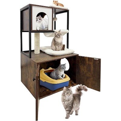 Acekool Cat Tree with Litter Box Enclosure, Corner Cat Tower, Dog Proof Cabinet, Condo, Hammock, Scratching Post & Play Ball, Retro Brown