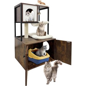 Acekool Cat Tree with Litter Box Enclosure, Corner Cat Tower, Dog Proof Cabinet, Condo, Hammock, Scratching Post & Play Ball, Retro Brown - 1 of 4