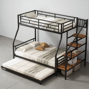 Twin Over Full Metal Bunk Bed with Trundle and Storage Staircase, Convertible Ladder, Silver Frame for Kids and Teens - 1 of 4