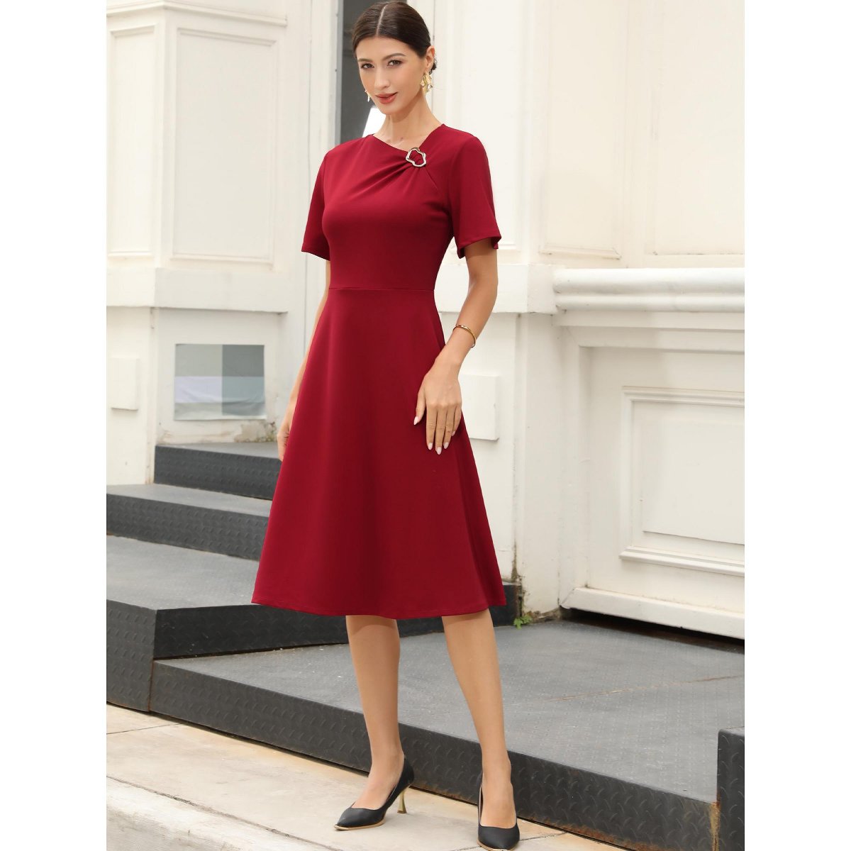 Женские платья INSPIRE CHIC Women's Work Short Sleeve A-Line Business Casual Midi Dresses X-Large Red — фото 4
